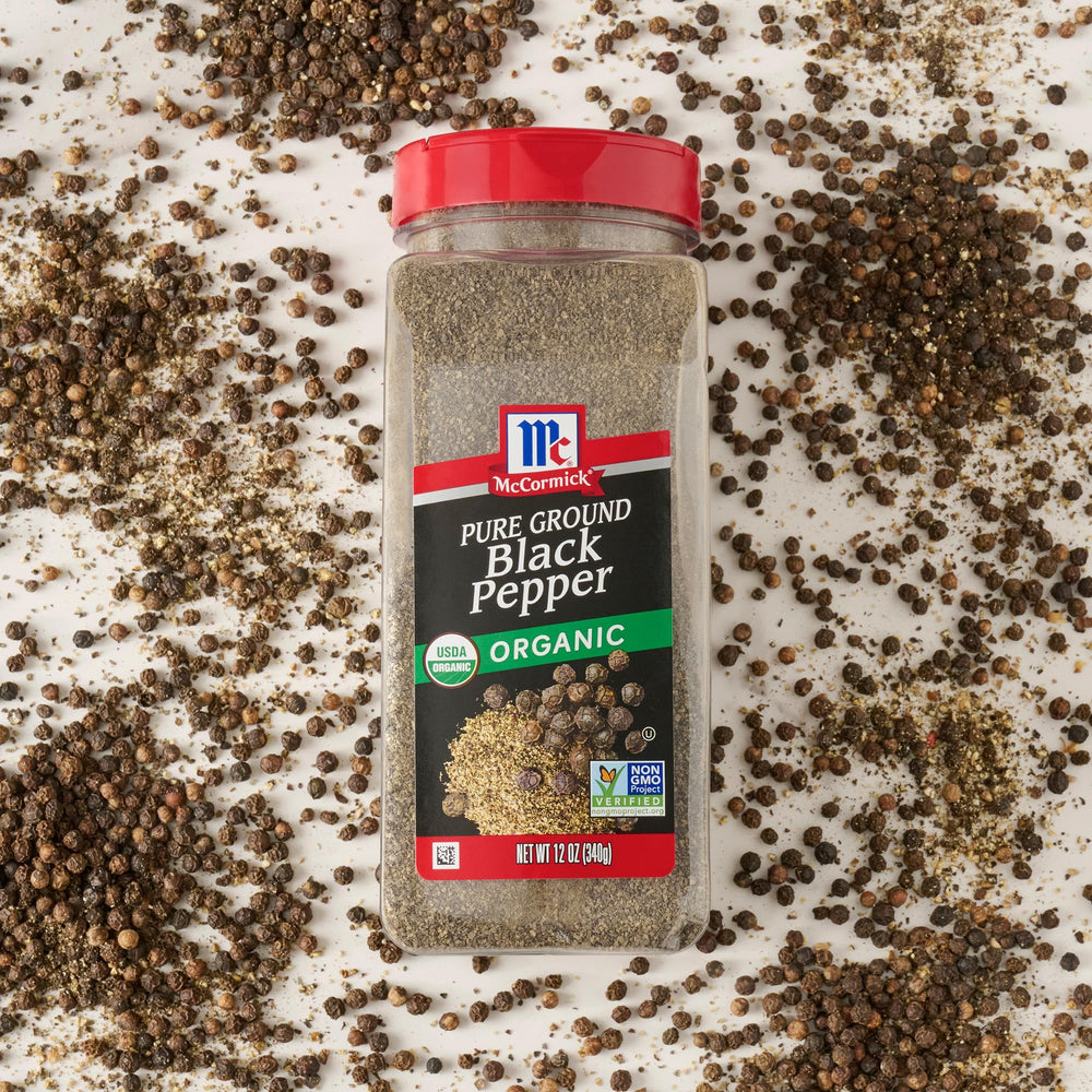 McCormick Organic Black Pepper label shows USDA Organic and Non-GMO Verified.