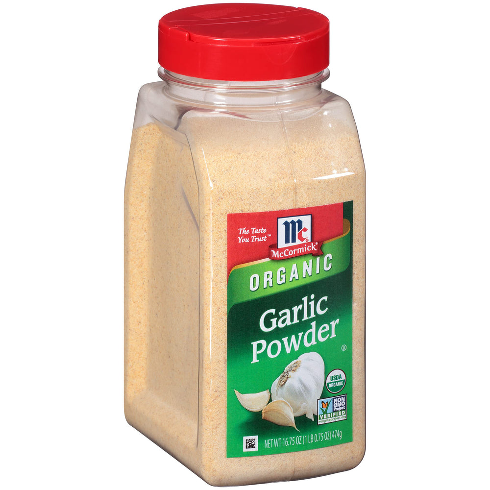 McCormick Organic Garlic Powder bottle with pour spout for quick, even seasoning