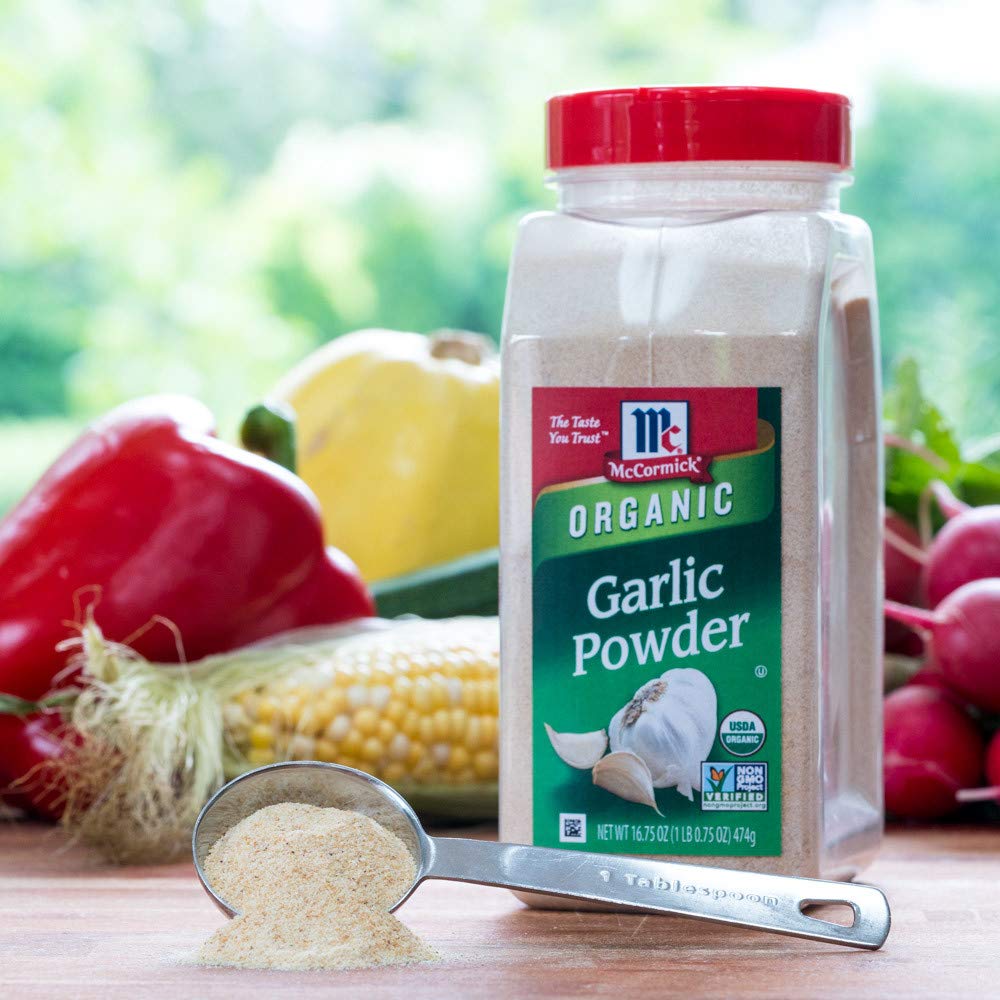 McCormick Organic Garlic Powder label close-up with organic certification
