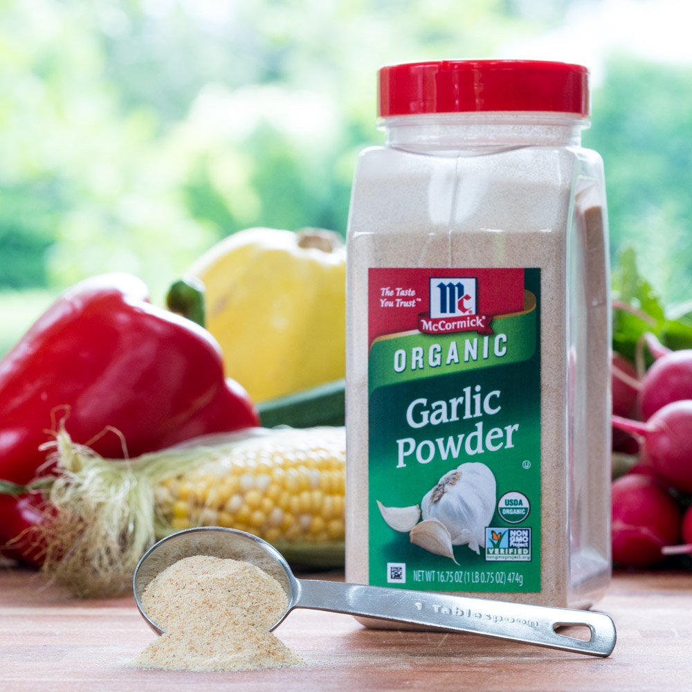 Large refill bottle of McCormick Organic Garlic Powder for pantry use