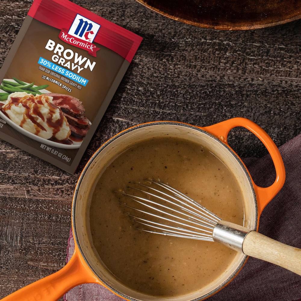 Pack of 12 McCormick brown gravy mix packets.