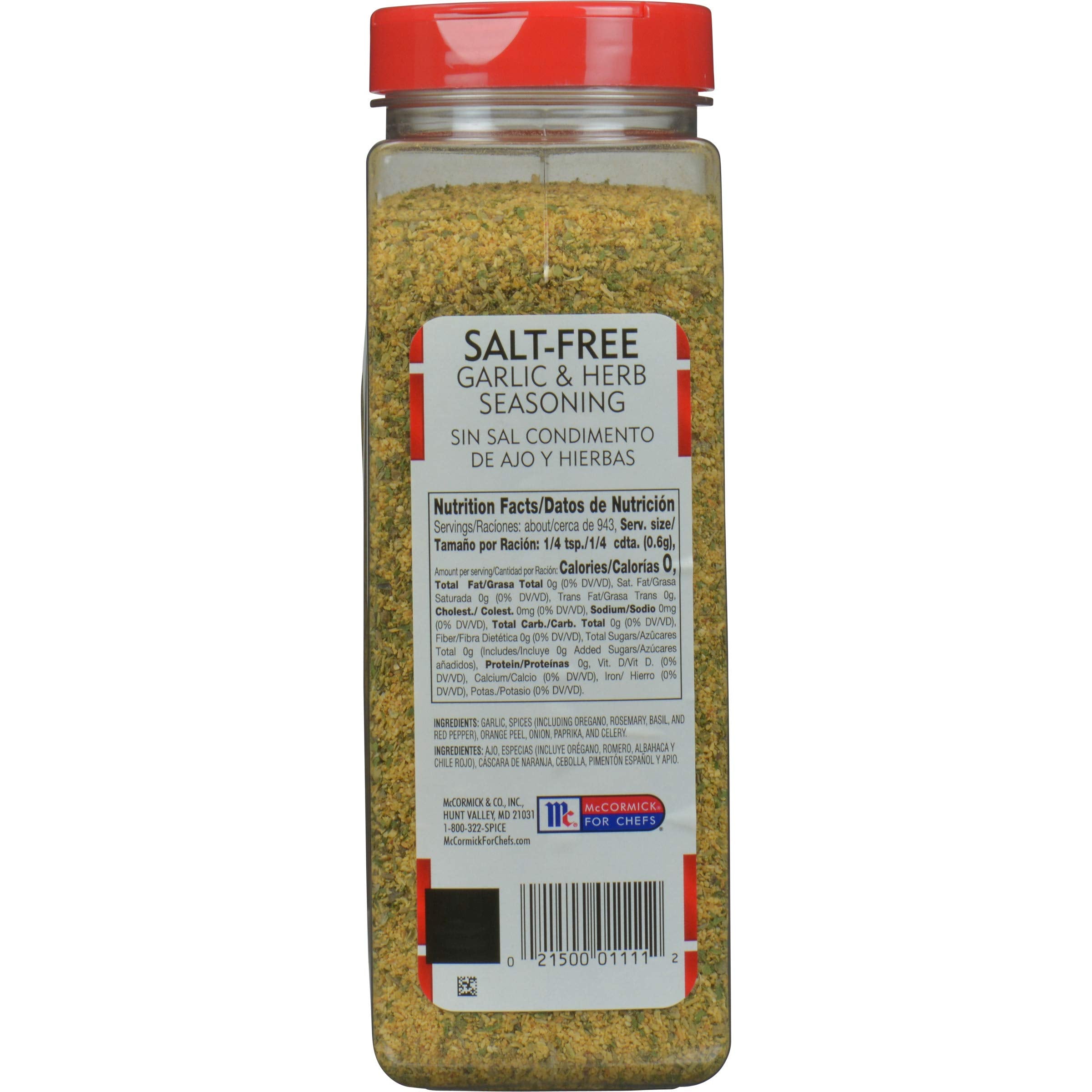 Rear side view of McCormick Perfect Pinch Garlic & Herb jar with label details