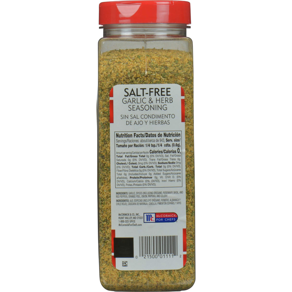 Rear side view of McCormick Perfect Pinch Garlic & Herb jar with label details