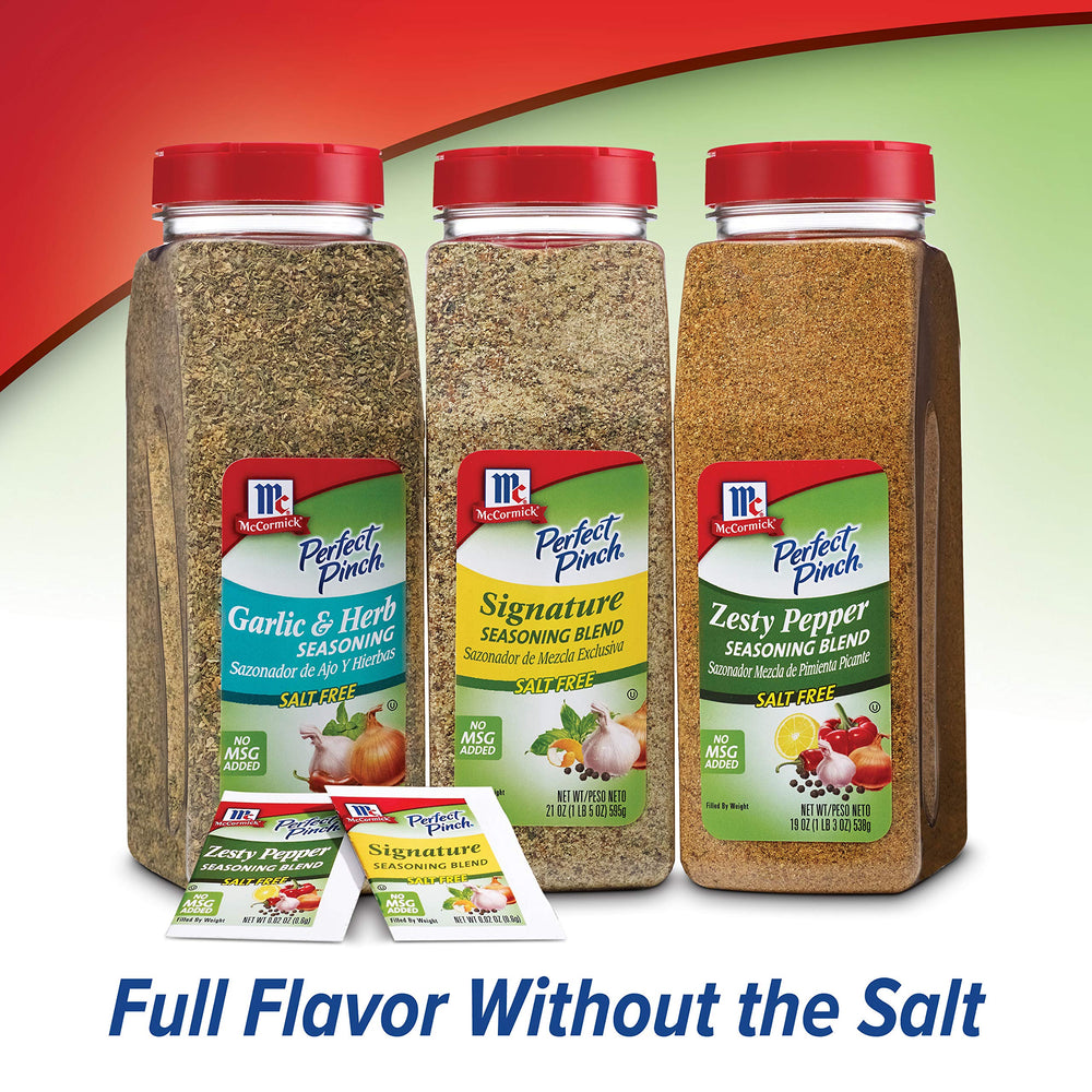 McCormick Perfect Pinch garlic herb seasoning on kitchen counter ready to use