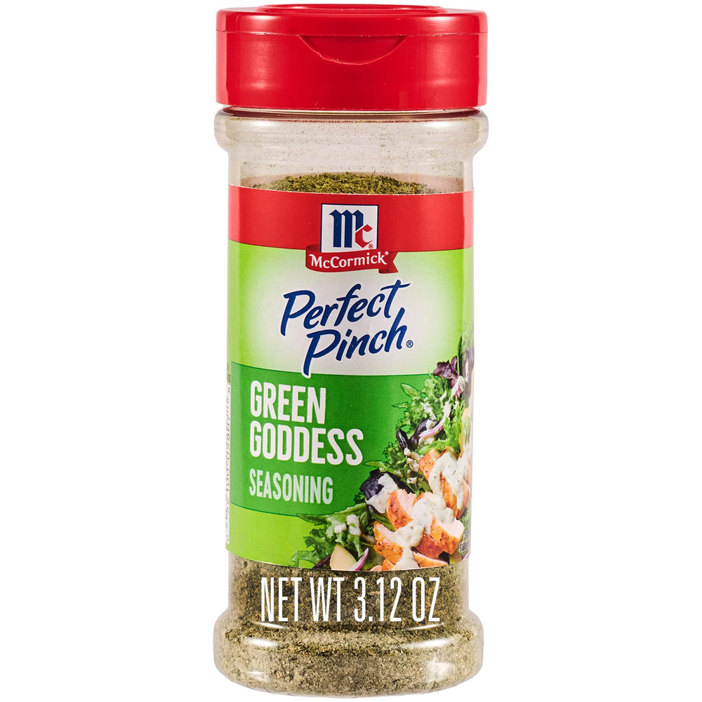 McCormick Perfect Pinch Green Goddess bottle showcases a tangy, herby seasoning for meals.