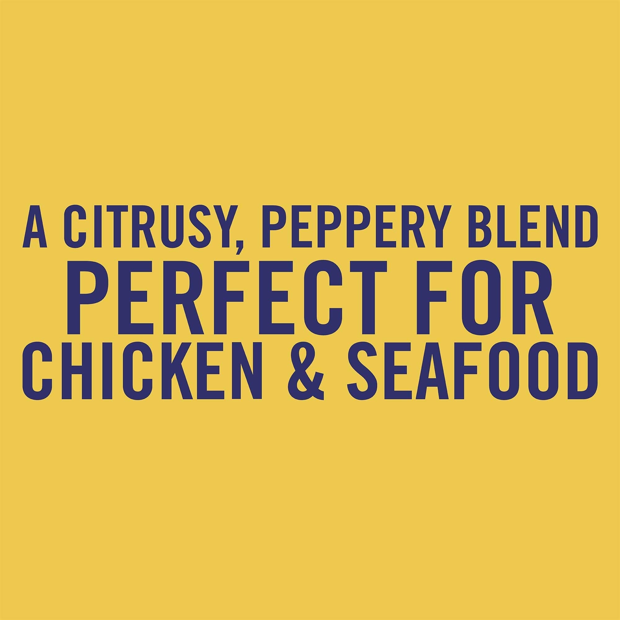 McCormick Lemon Pepper seasoning closeup showcases salt, pepper and lemon notes.
