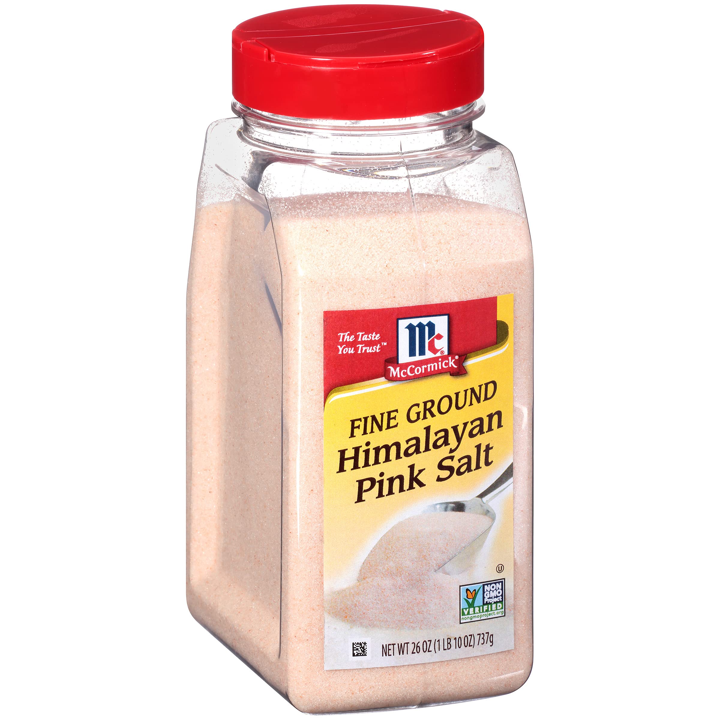 McCormick Pink Himalayan Salt bottle shows pink crystals ideal for marinades.