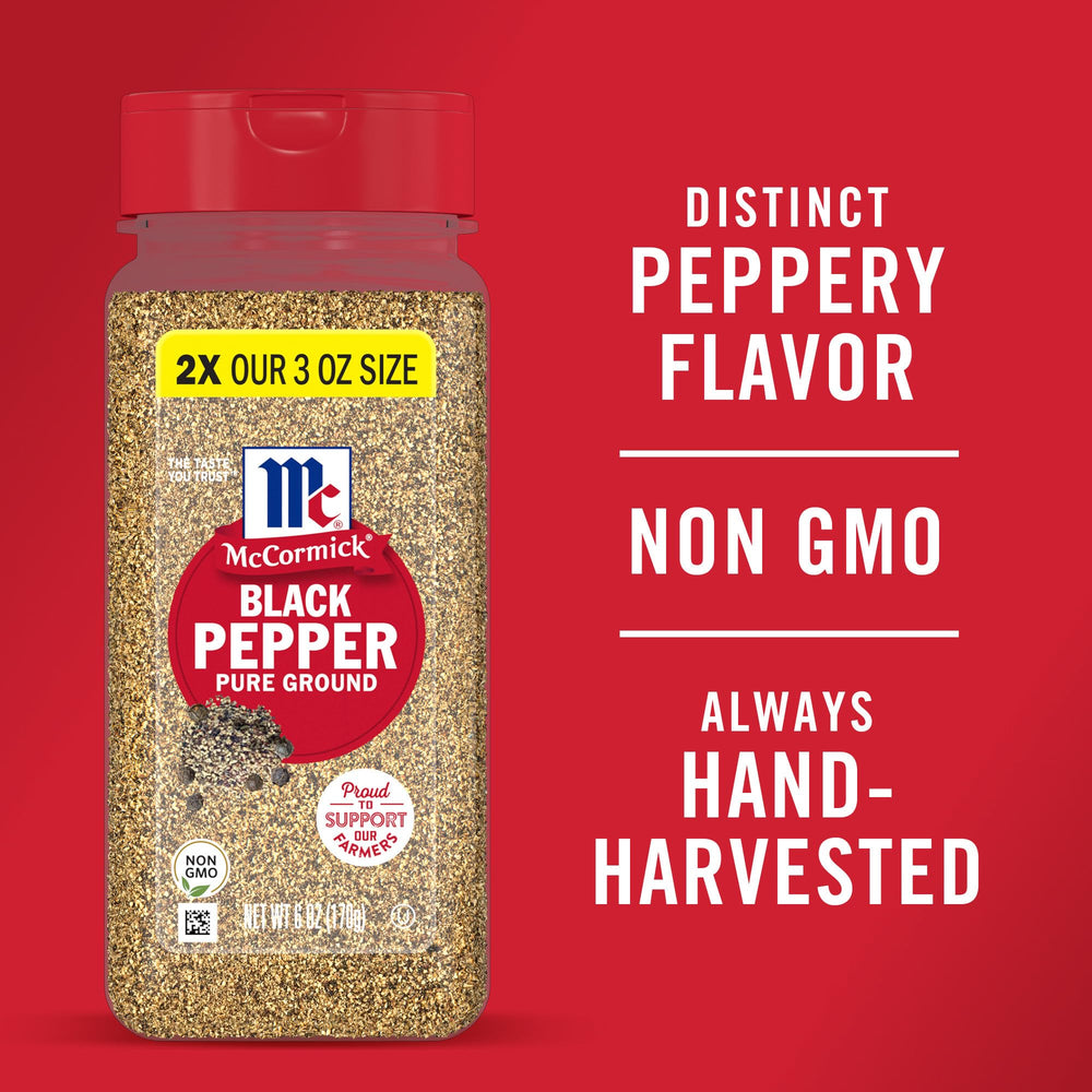 McCormick Pure Ground Black Pepper rubs on meat before cooking for depth