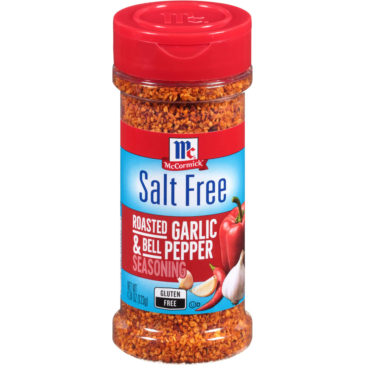 McCormick Salt Free Roasted Garlic & Bell Pepper seasoning bottle front enhances flavor without salt
