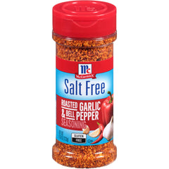 McCormick Salt Free Roasted Garlic & Bell Pepper seasoning bottle front enhances flavor without salt
