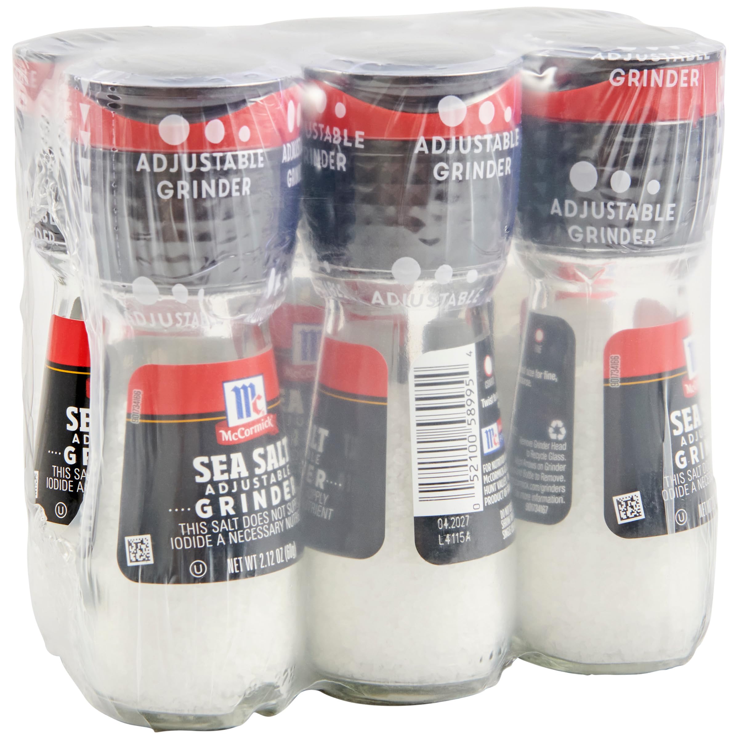 McCormick Sea Salt Grinder bottle front with clear glass showing contents for quick refills.