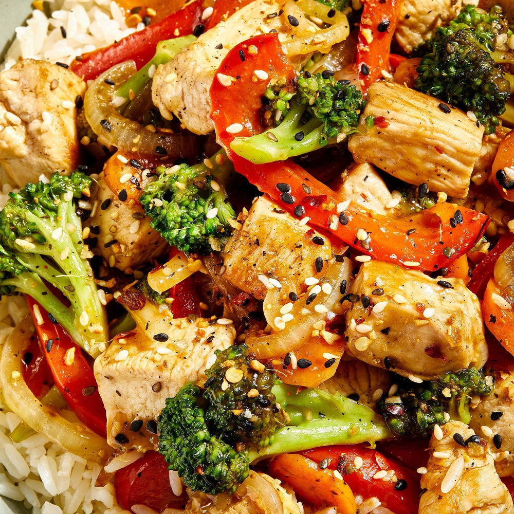 Sizzling stir-fry topped with McCormick Sesame Ginger Crunch