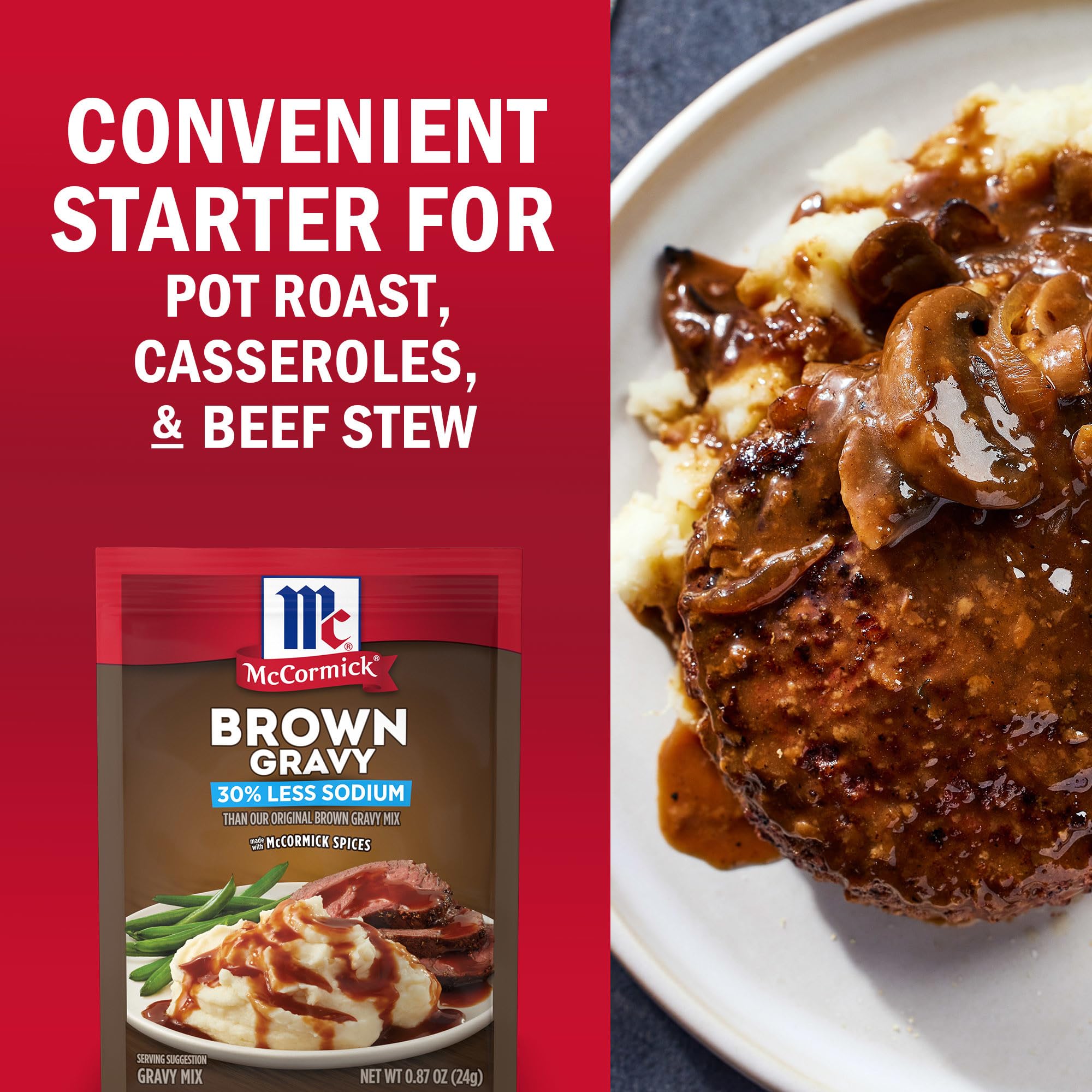 Close up of McCormick gravy spice packet beside ingredients.