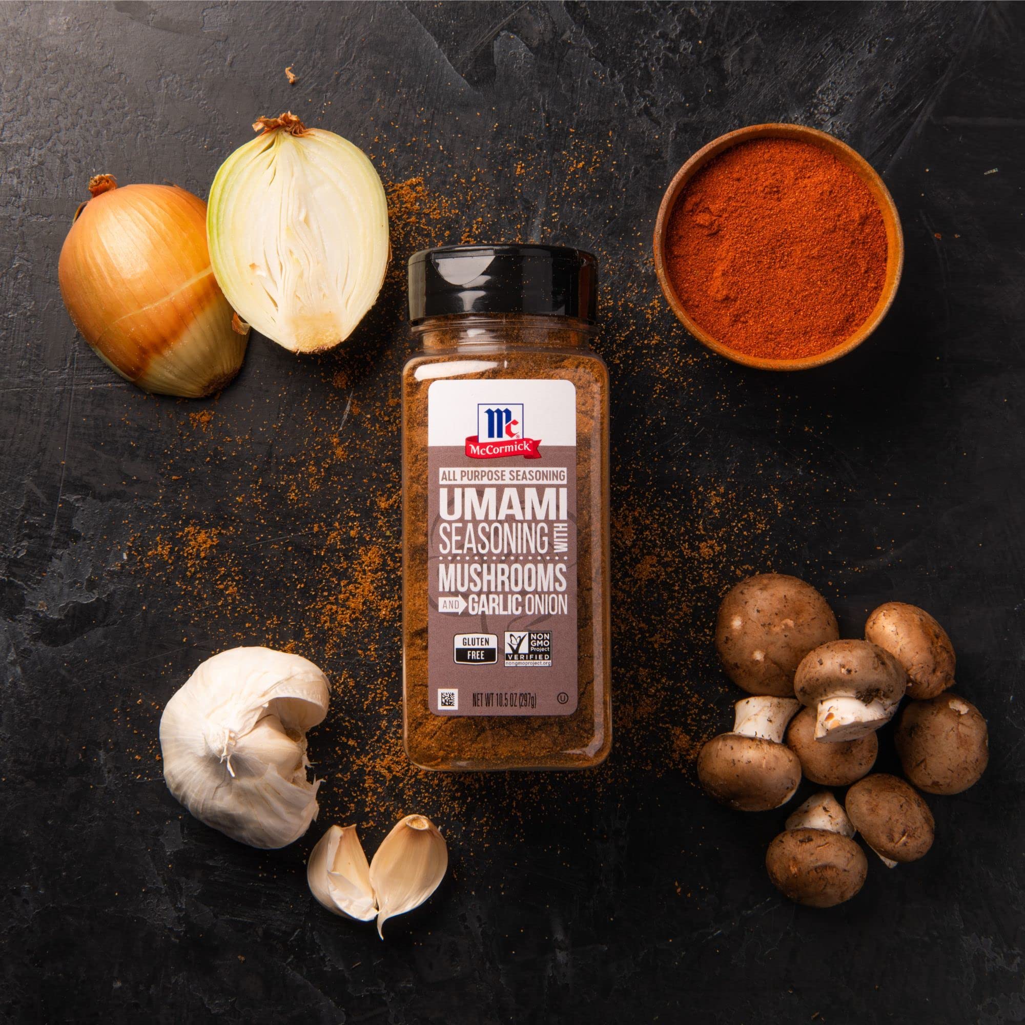 McCormick Umami Seasoning with garlic onion and tomato notes highlight flavor.