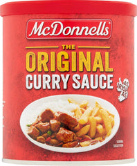 McDonnells curry sauce tub close-up, convenient for quick family meals.