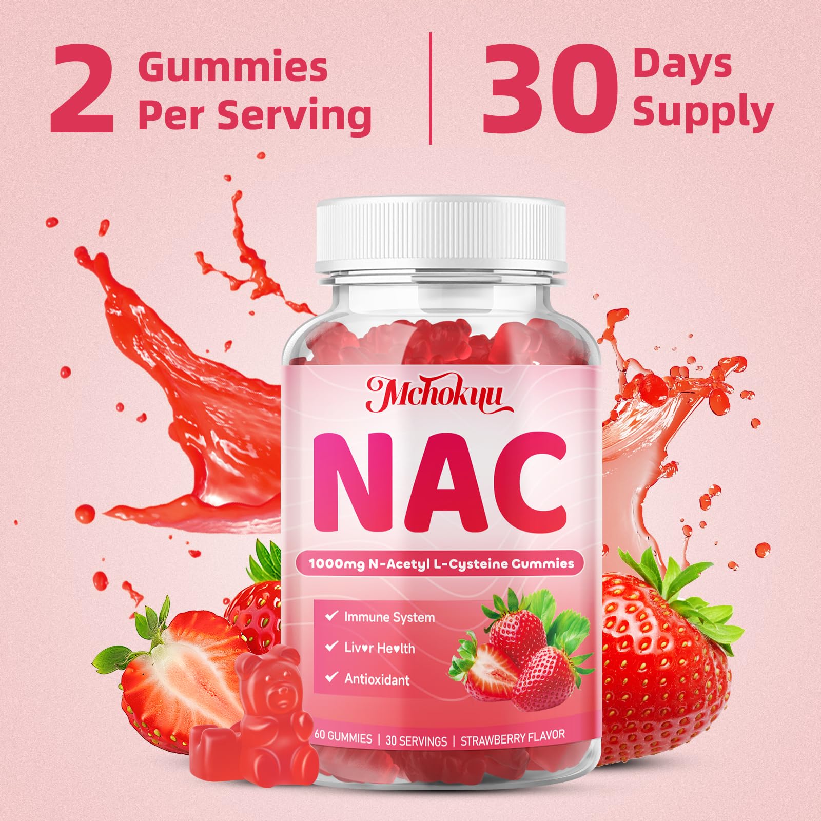 Mchokuu NAC Gummies on kitchen counter with a fresh strawberry