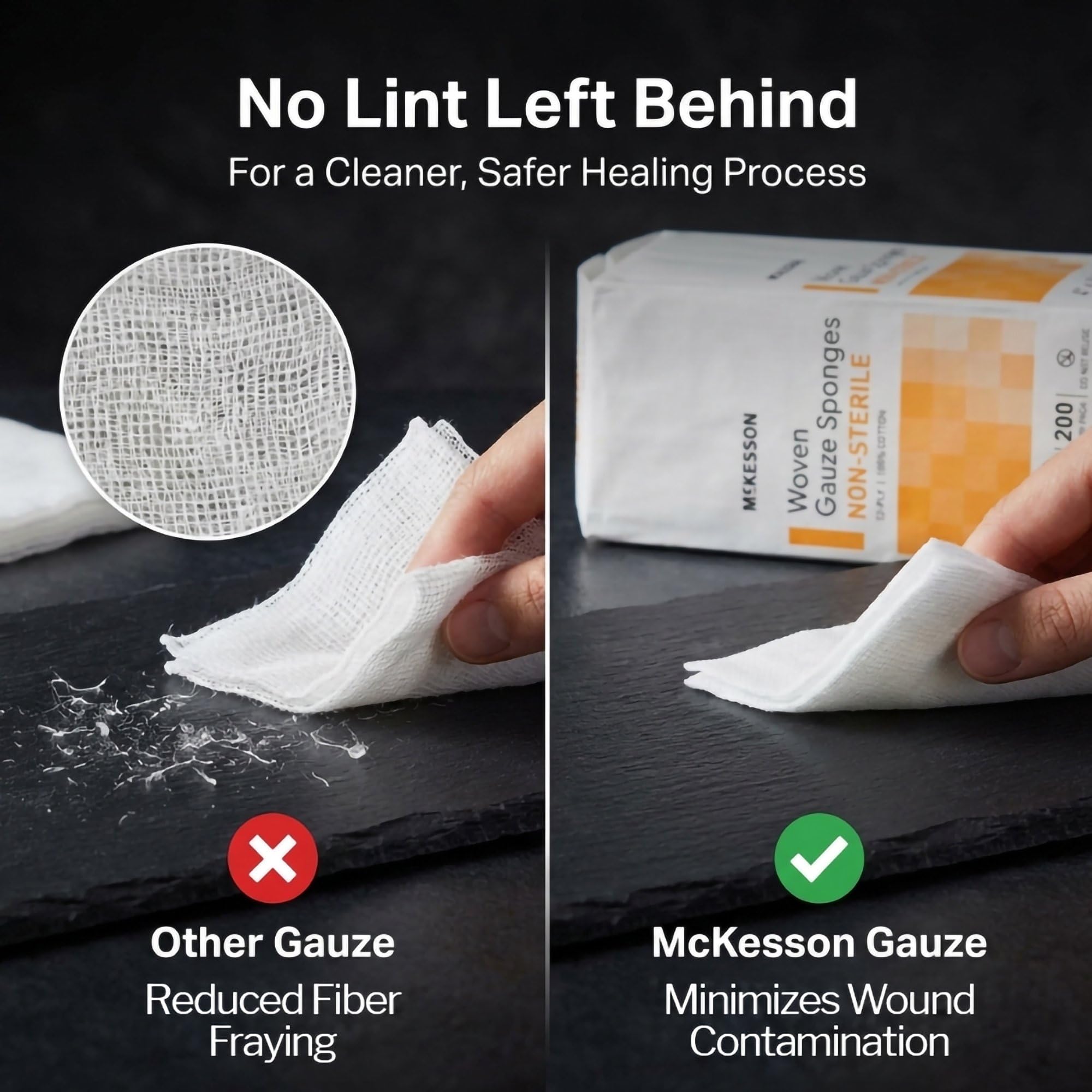 McKesson gauze pads for skincare routines and post-care preparation.