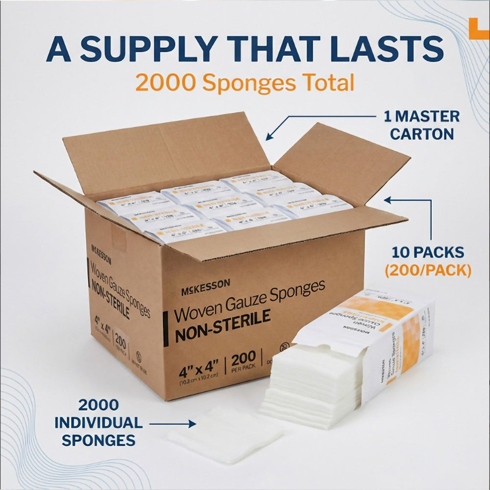 McKesson gauze pads, ultra-soft low-lint for sensitive skin.