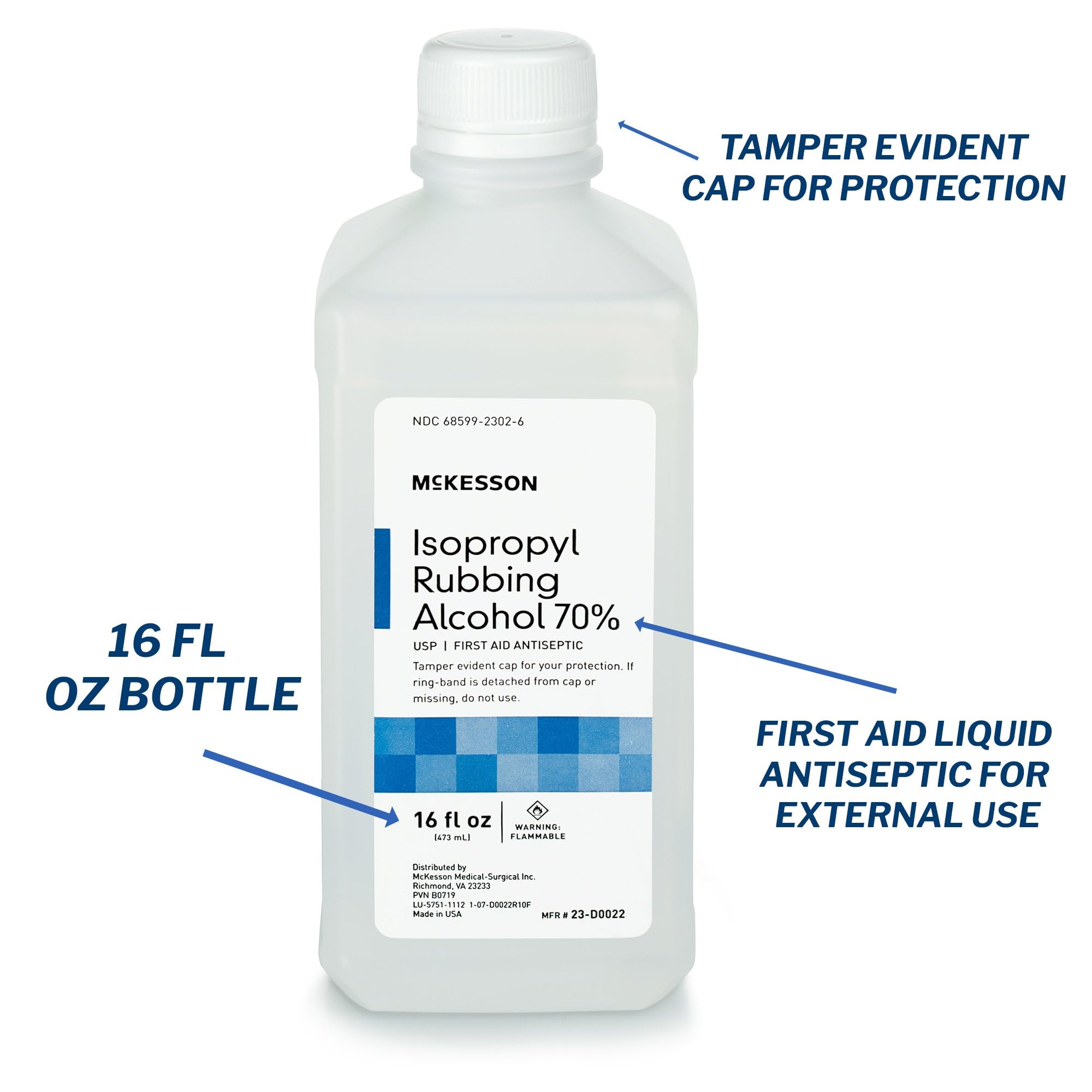 McKesson Isopropyl rubbing alcohol 70% bottle on counter for everyday first aid prep