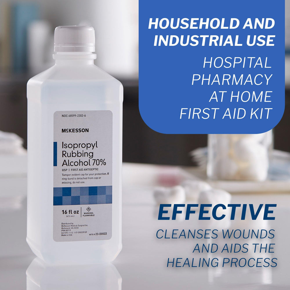 McKesson Isopropyl rubbing alcohol 70% label close-up shows strength and branding