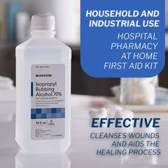 McKesson Isopropyl rubbing alcohol 70% label close-up shows strength and branding