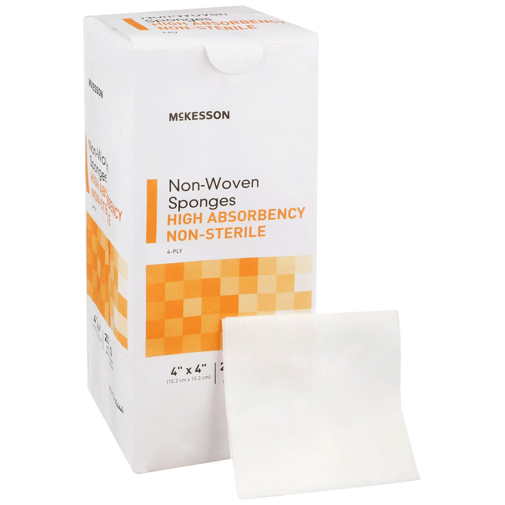 McKesson non-woven sponges 4x4 pack, high absorbency for prep and dressing tasks.