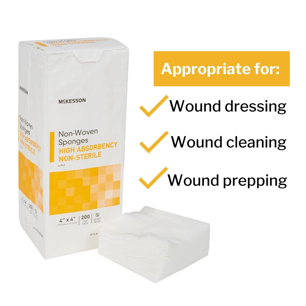 McKesson packaged sponges 4x4, clear labeling for fast selection.