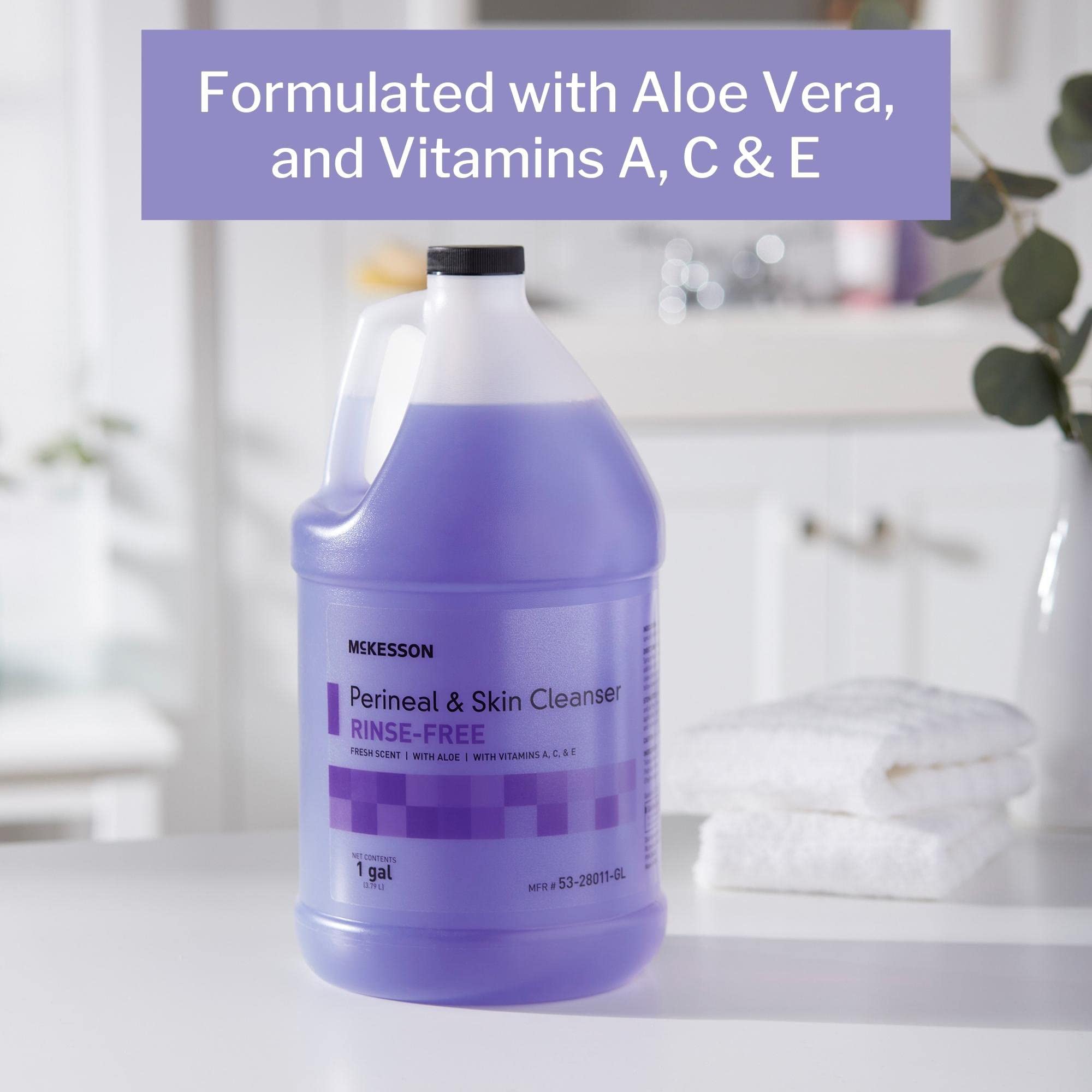 McKesson Perineal Skin Cleanser Aloe packaging emphasizes rinse-free formulation