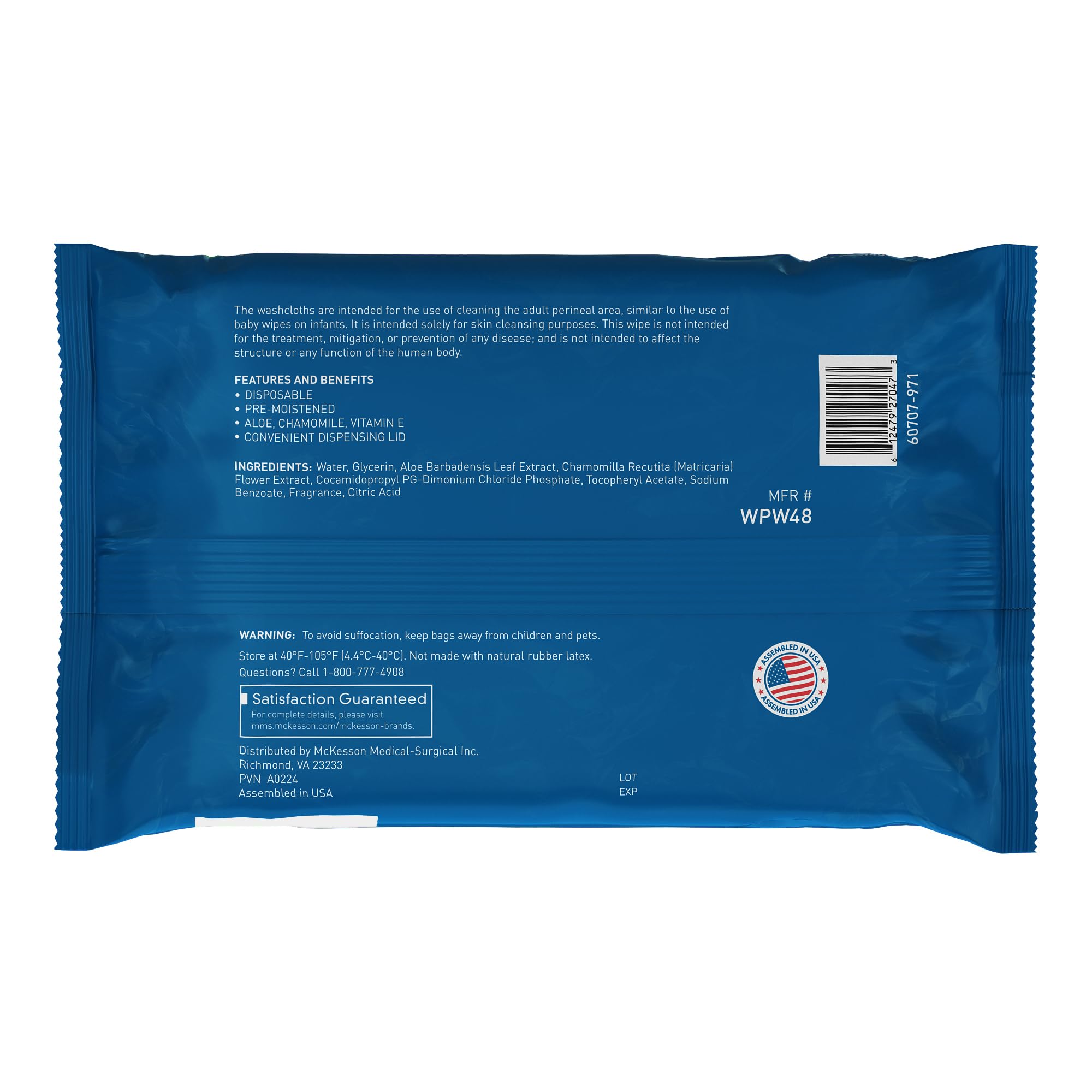 McKesson Washcloth Wipes ingredients highlight aloe, chamomile, and vitamin E for skin-nourishing care.