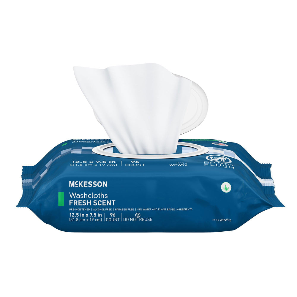 McKesson Washcloth Wipes disposal scene reminds to discard in the trash for hygiene.
