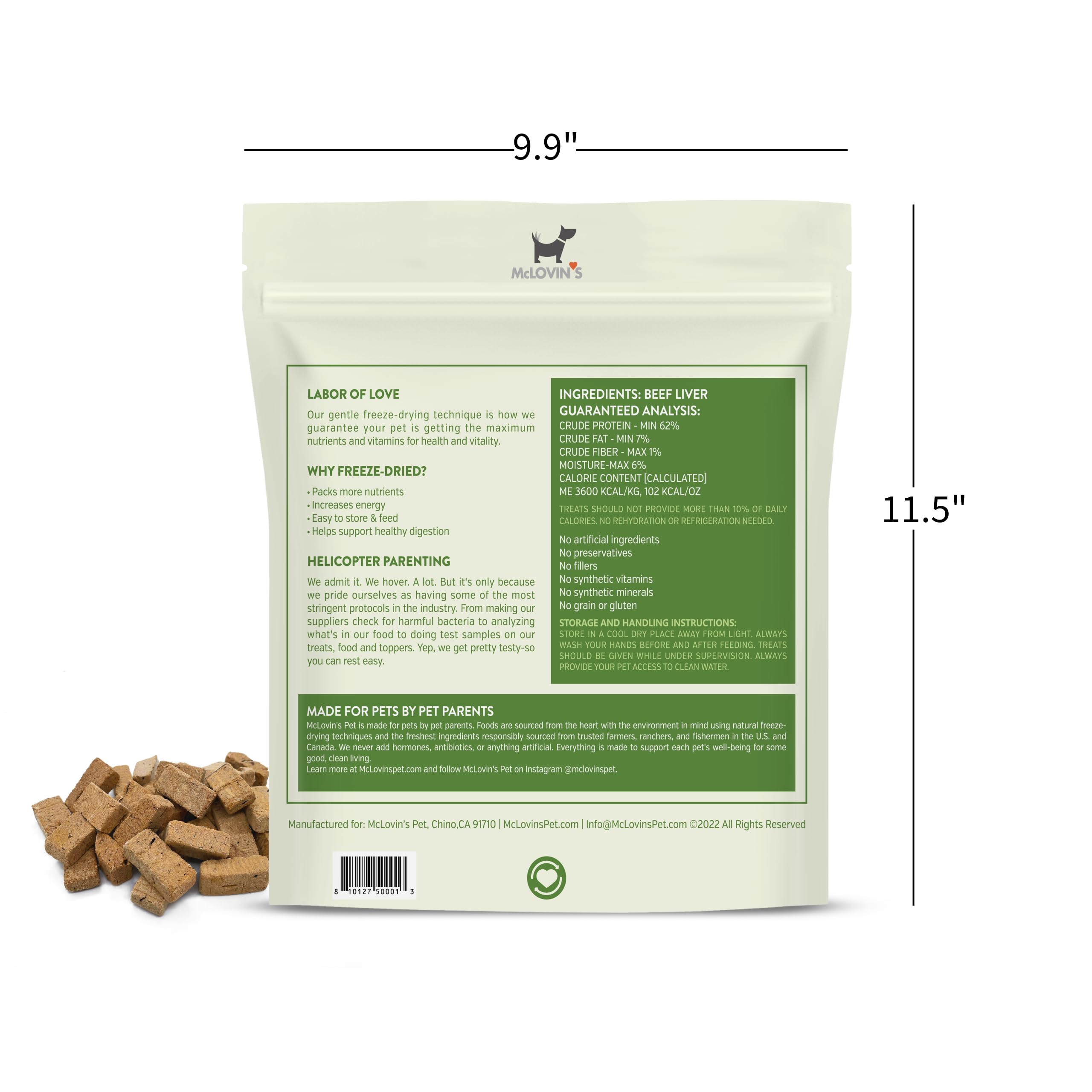 Close-up of single-ingredient McLovin's beef liver treats for dogs.