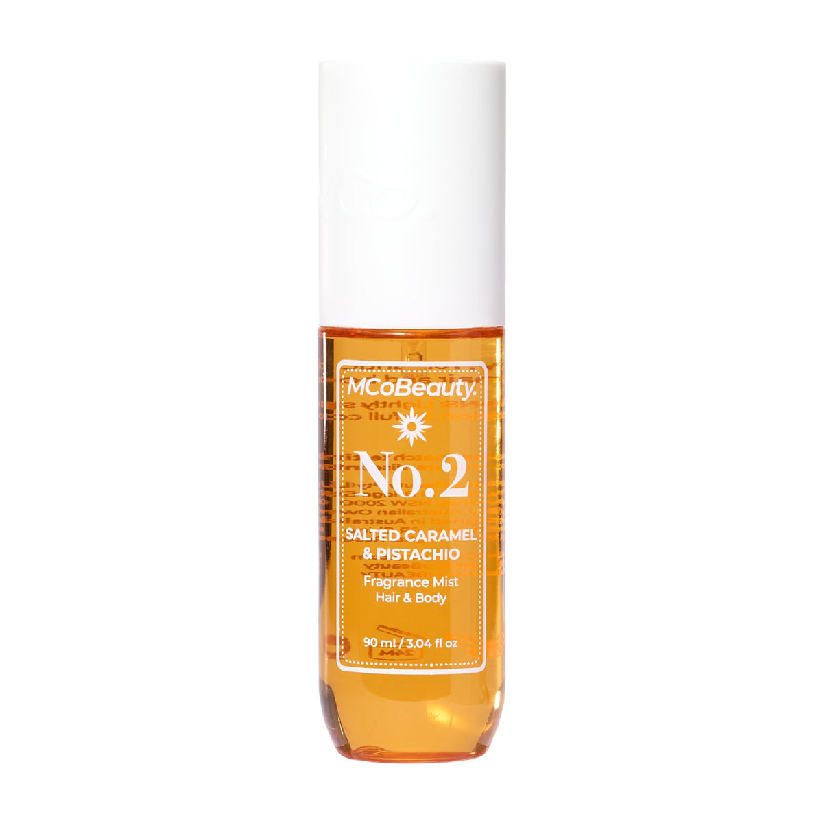 MCoBeauty Fragrance Mist No. 2 bottle showing pistachio-sandalwood-vanilla notes for everyday wear.