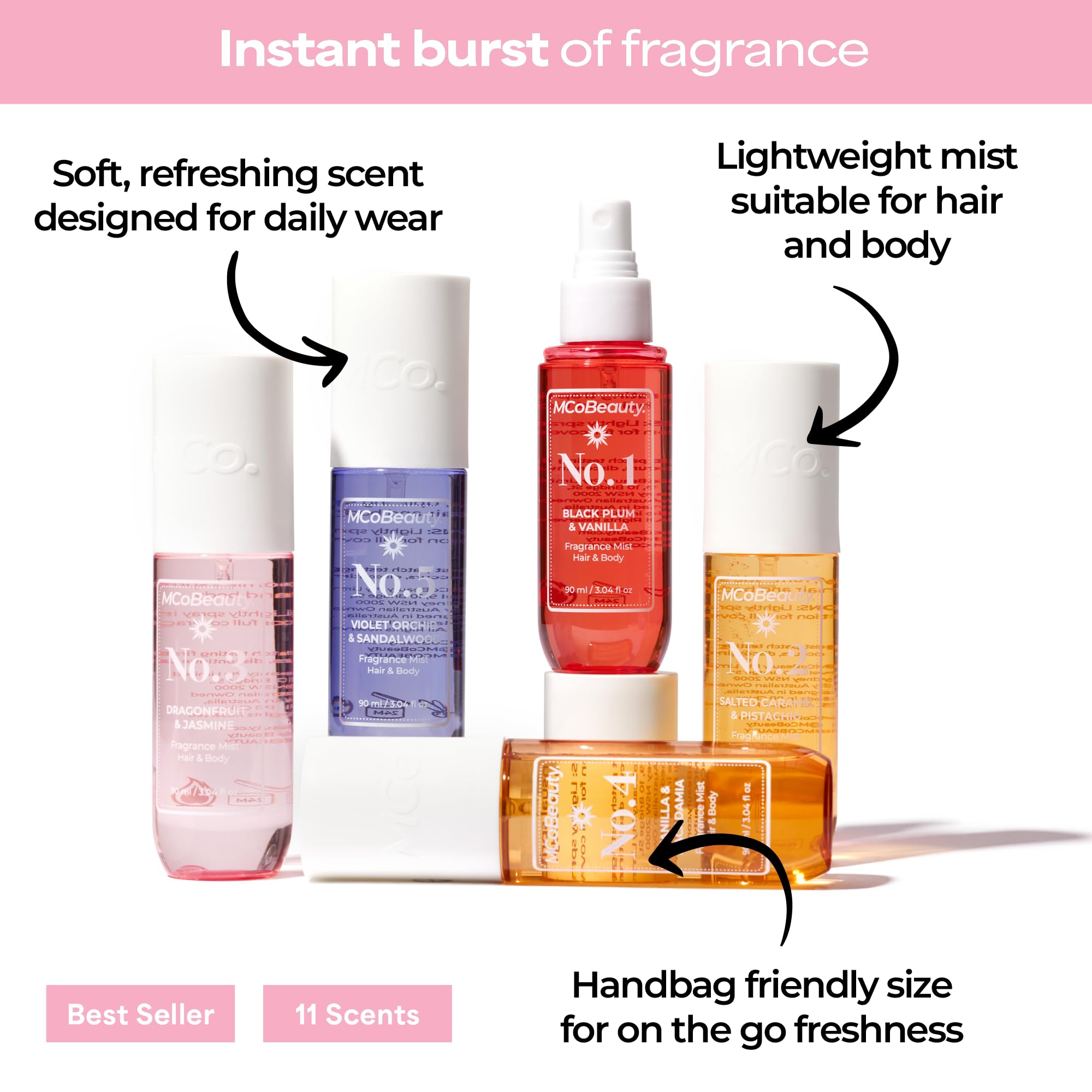 MCoBeauty Fragrance Mist No. 2 spray nozzle and compact bottle ideal for on-the-go refresh.
