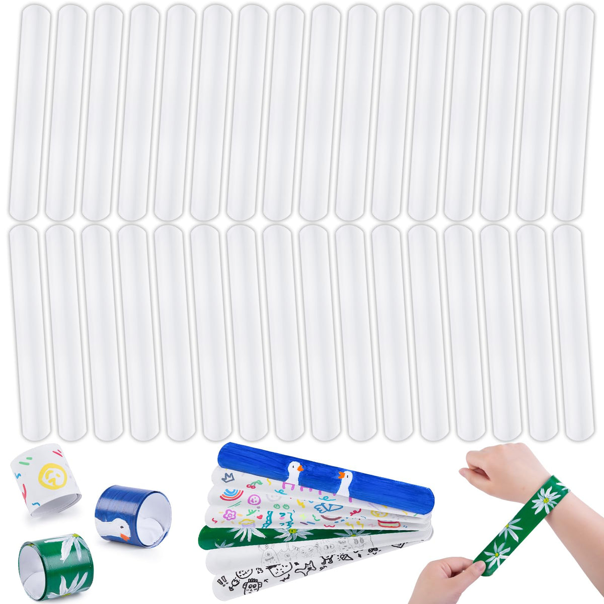 MCPINKY white slap bracelets ready for kids to color and customize.