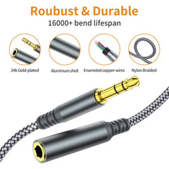 MCSPER 3.5mm extension cable showing gold-plated connectors for reliable signal and corrosion resistance