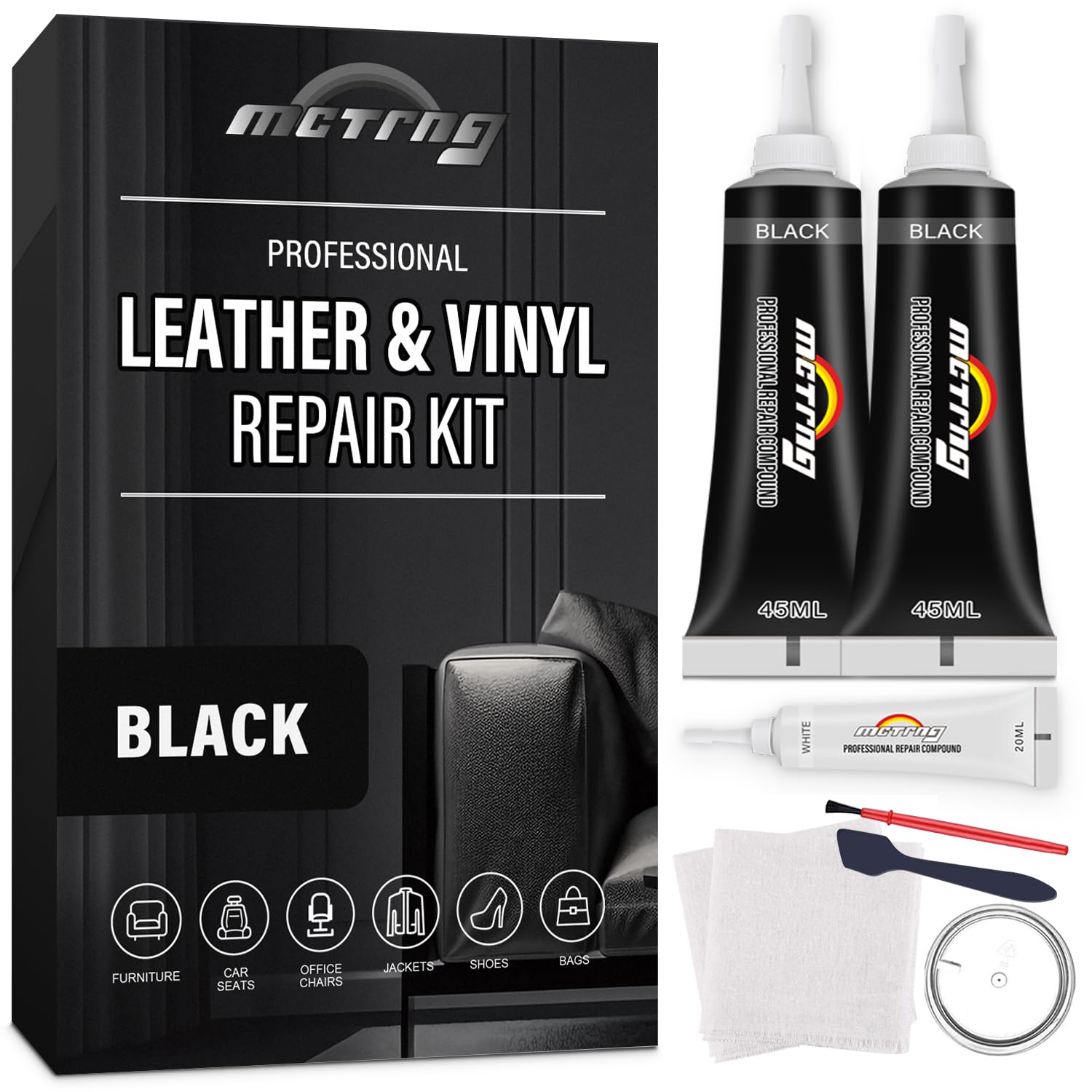 MCTRHG black leather repair kit contents for easy at-home repairs.