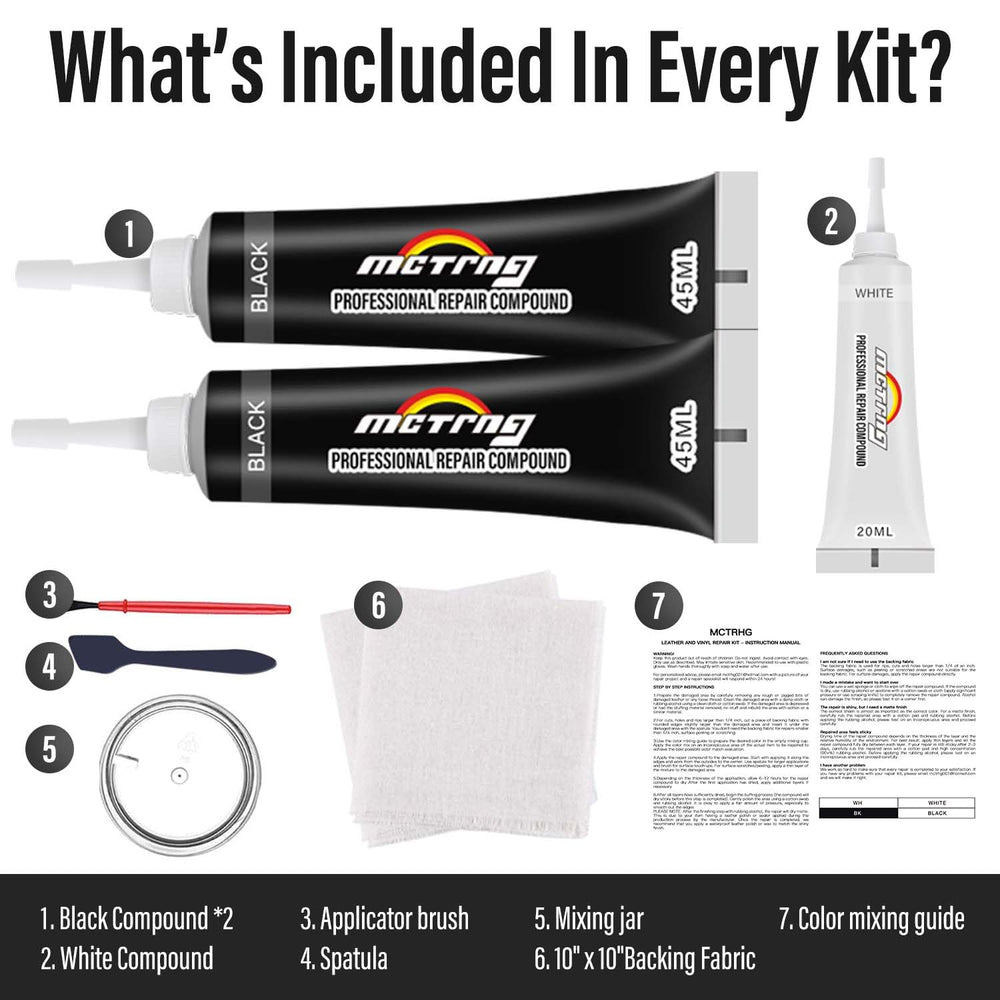 MCTRHG leather repair kit color matching guides for various shades.