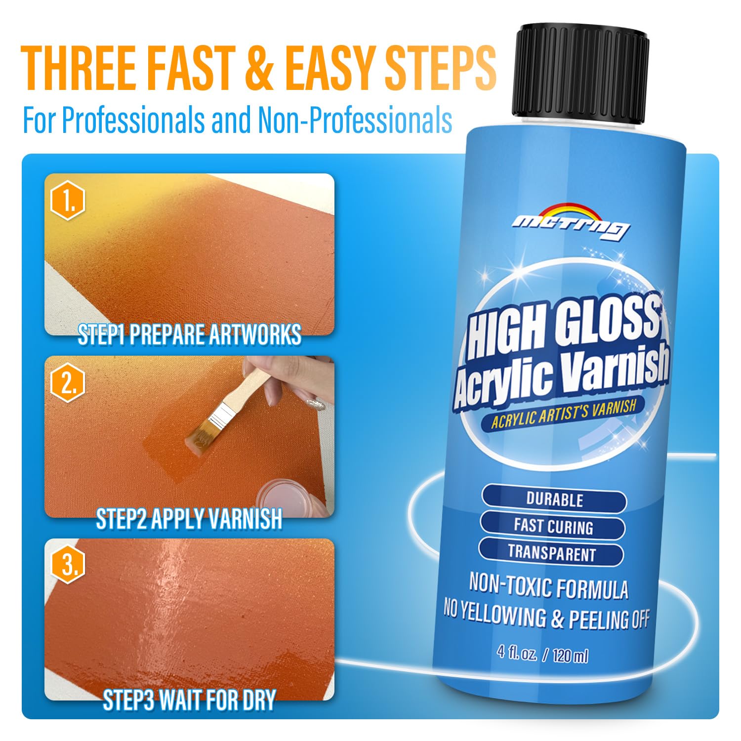 Non-toxic water-based varnish dries clear and preserves vibrant artwork.