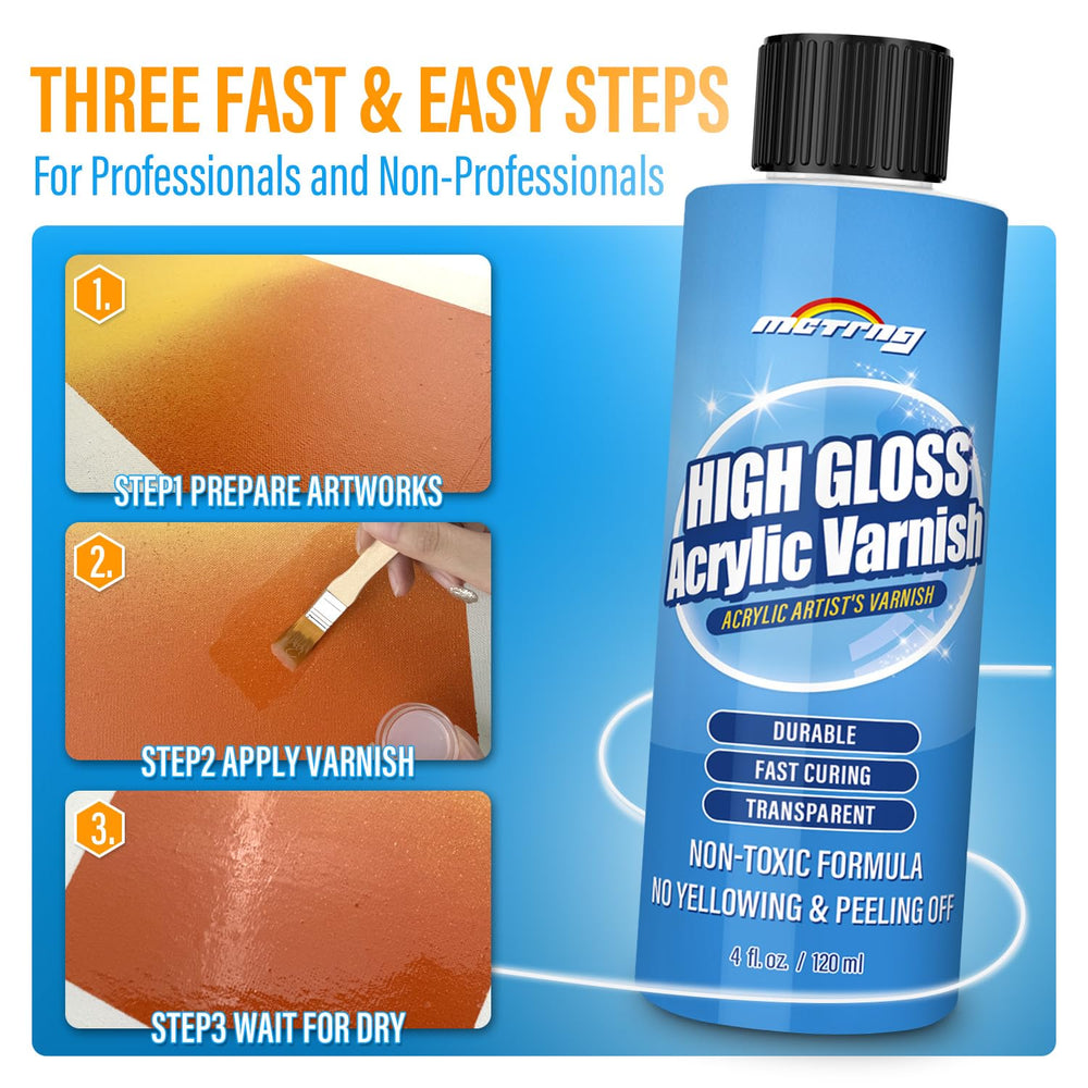 Non-toxic water-based varnish dries clear and preserves vibrant artwork.