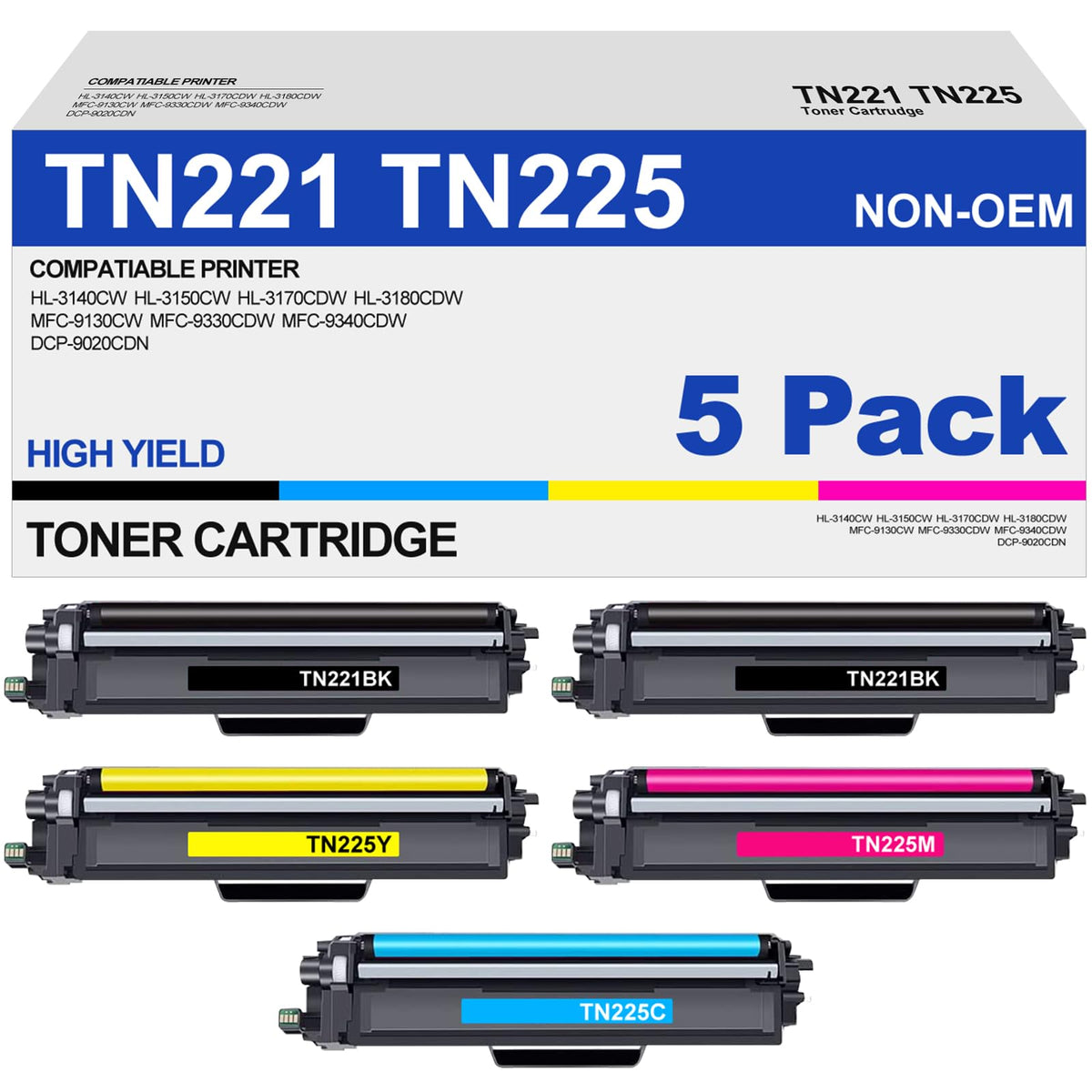 MCYCOLOR TN221 TN225 5-pack front view for reliable prints