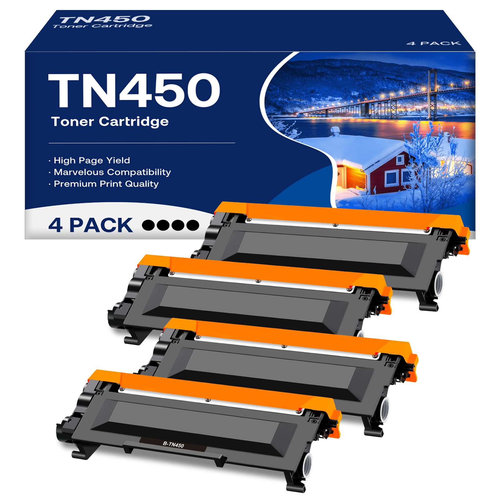 MCYCOLOR TN450 pack front view with four black toners for high-volume printing.