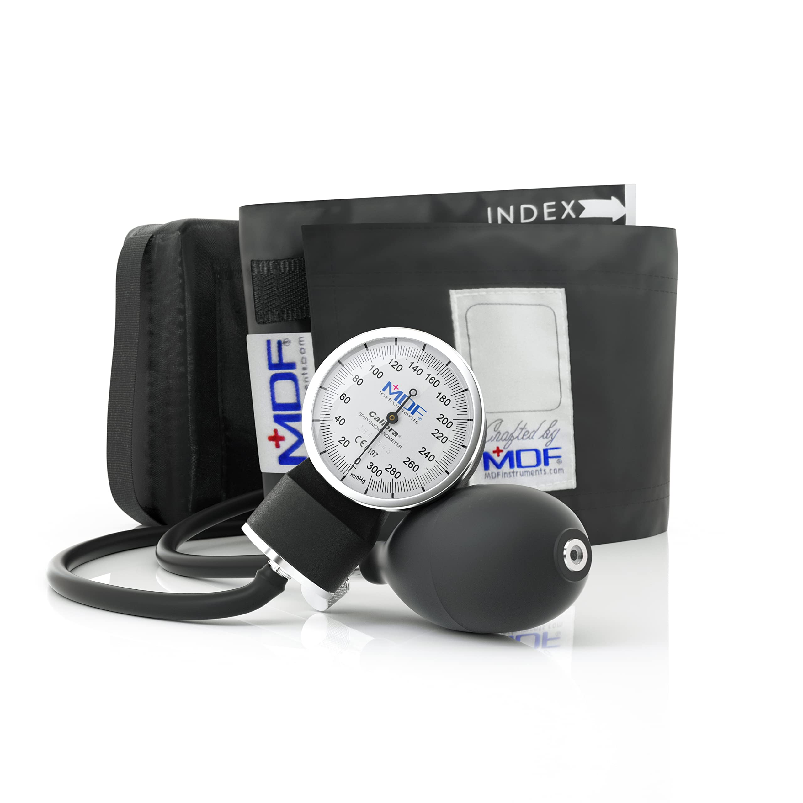 MDF Calibra aneroid dial closeup with high-contrast readout for quick measurements.