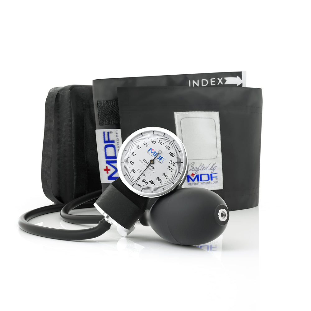 MDF Calibra aneroid dial closeup with high-contrast readout for quick measurements.