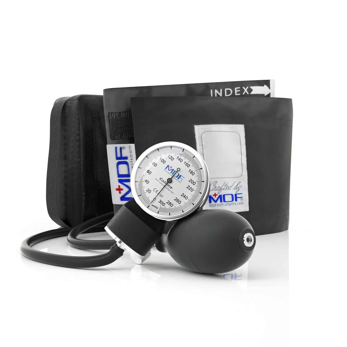 MDF Calibra aneroid dial closeup with high-contrast readout for quick measurements.