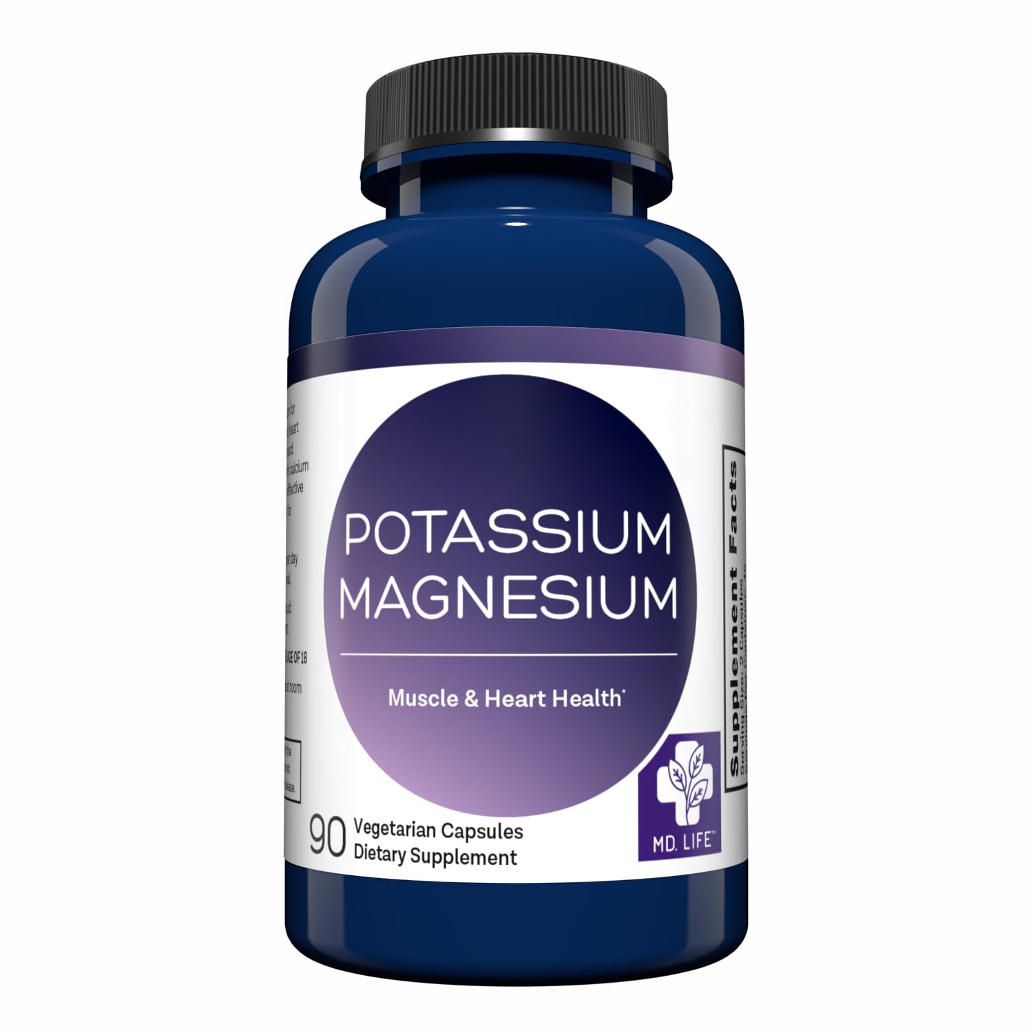 MD.LIFE Potassium Magnesium supplement bottle front showing vegan, gluten-free formula for daily support.