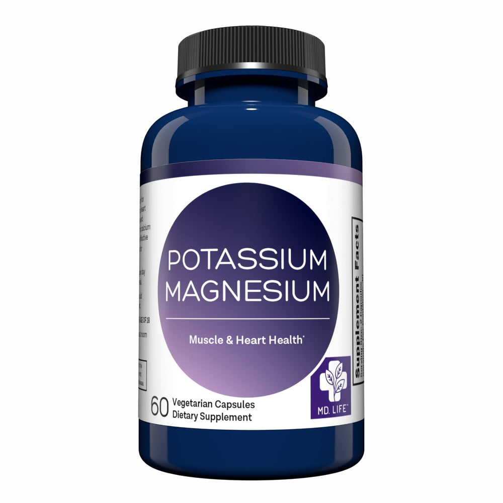 MD.LIFE potassium magnesium supplement bottle front showcasing vegan capsules for daily wellness.
