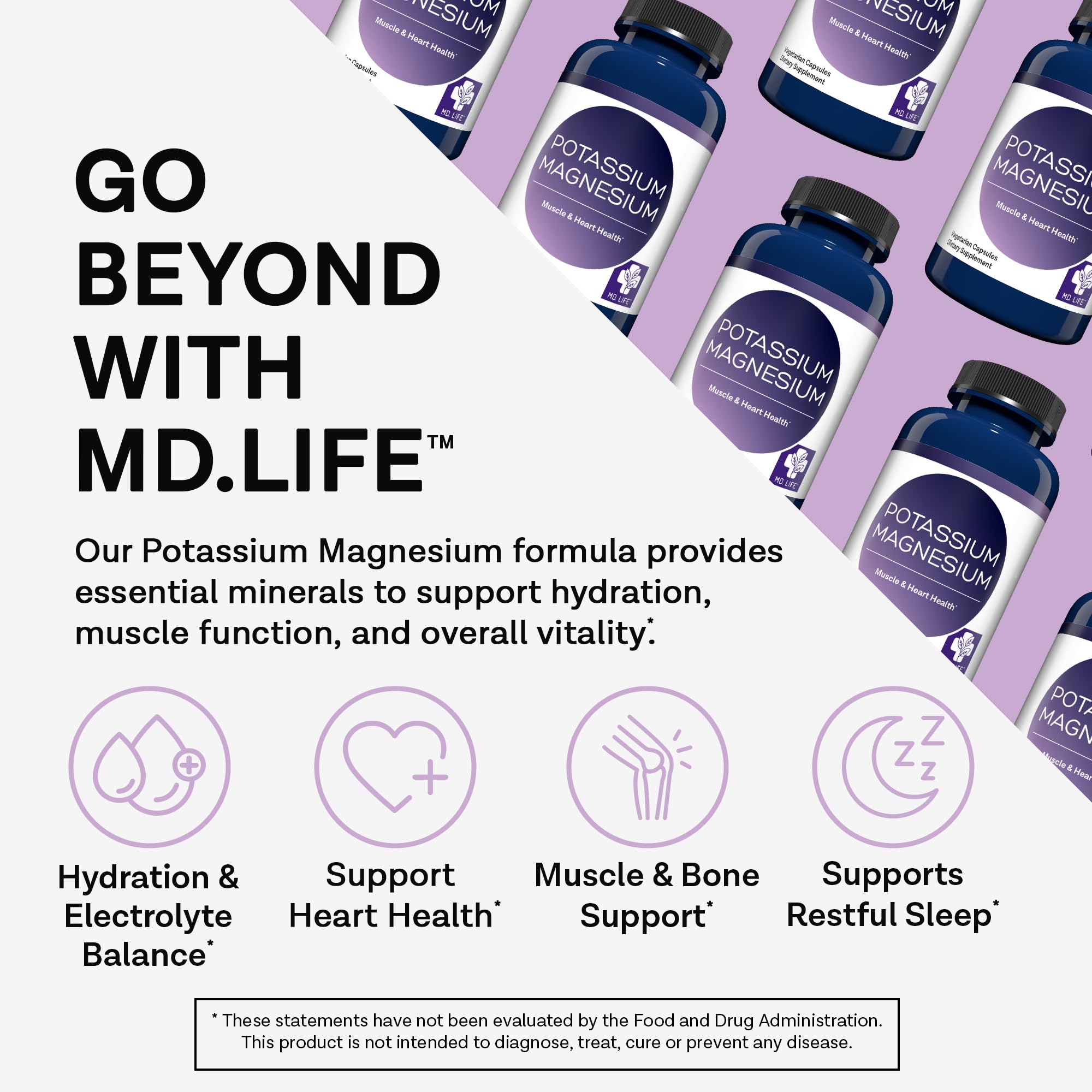 MD.LIFE potassium magnesium supplement bottle side label highlighting gluten-free and non-GMO formula.