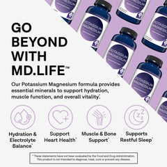 MD.LIFE potassium magnesium supplement bottle side label highlighting gluten-free and non-GMO formula.