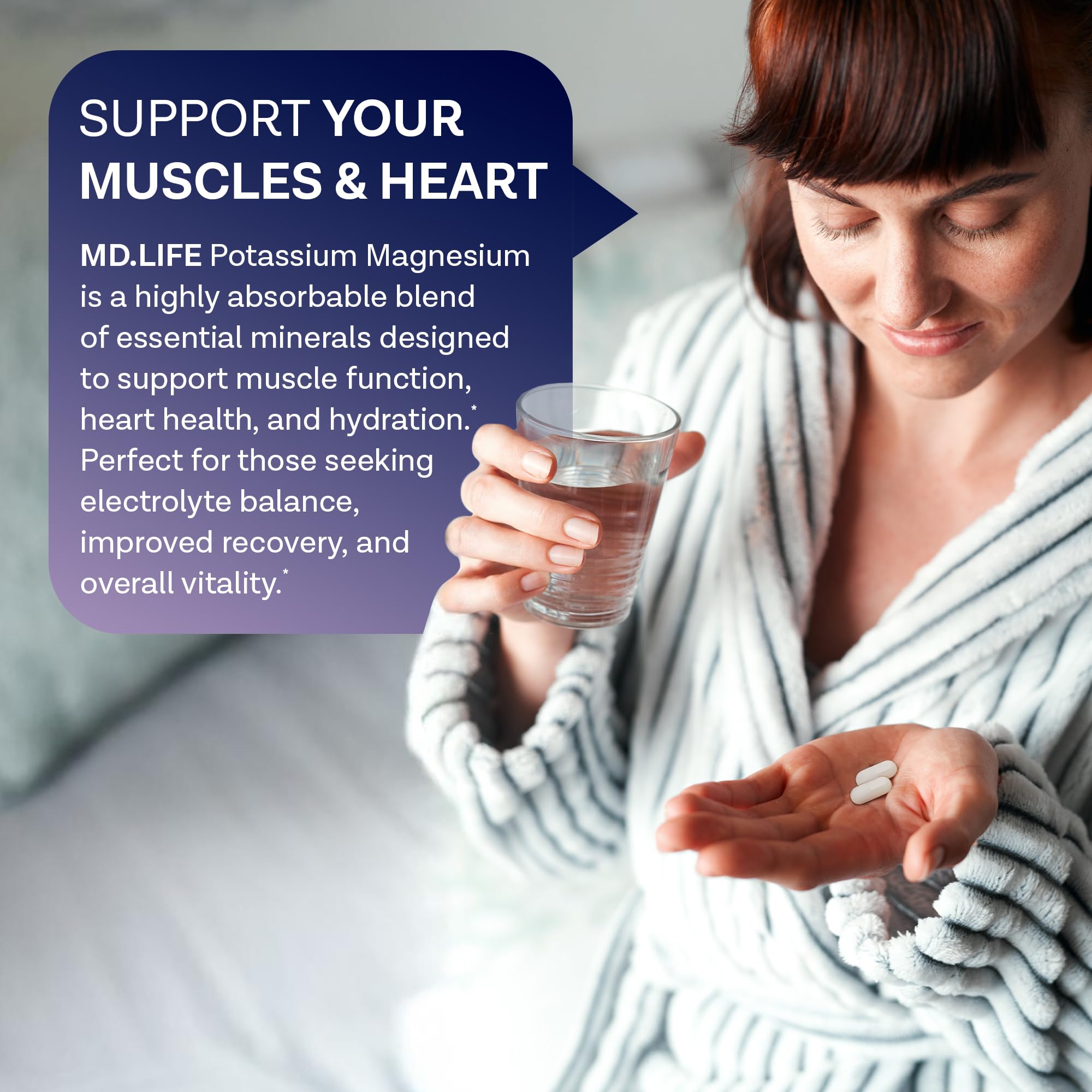 MD.LIFE potassium magnesium supplement dispensing scene showing easy daily use.