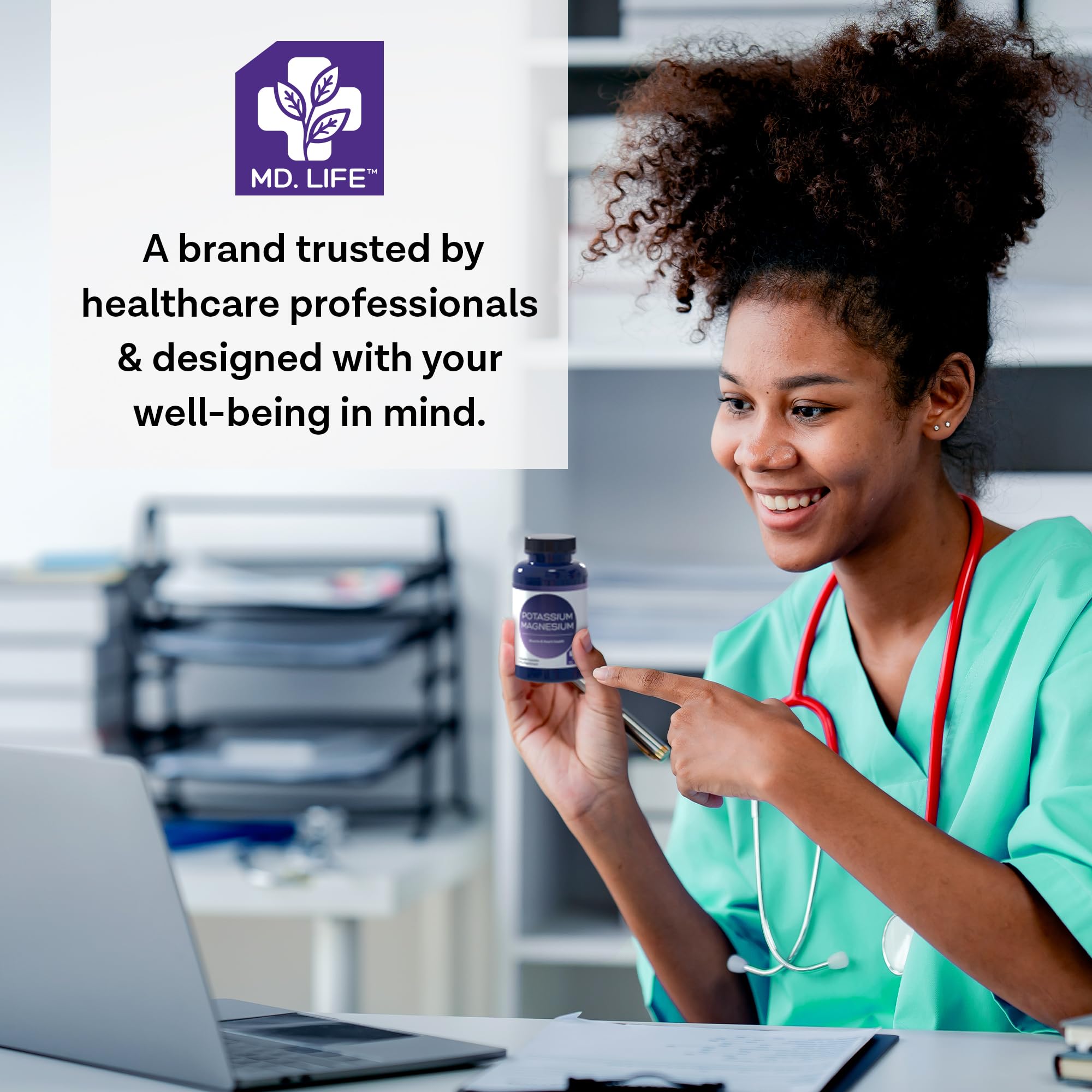 MD.LIFE product label close-up highlighting potassium and magnesium ingredients.